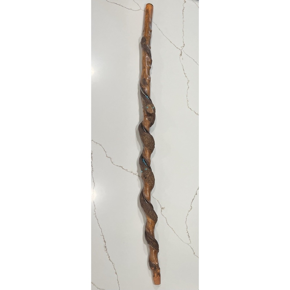 Hand Carved Wooden Walking Stick Spiral Cane with Turquoise Silver Inlay 51"